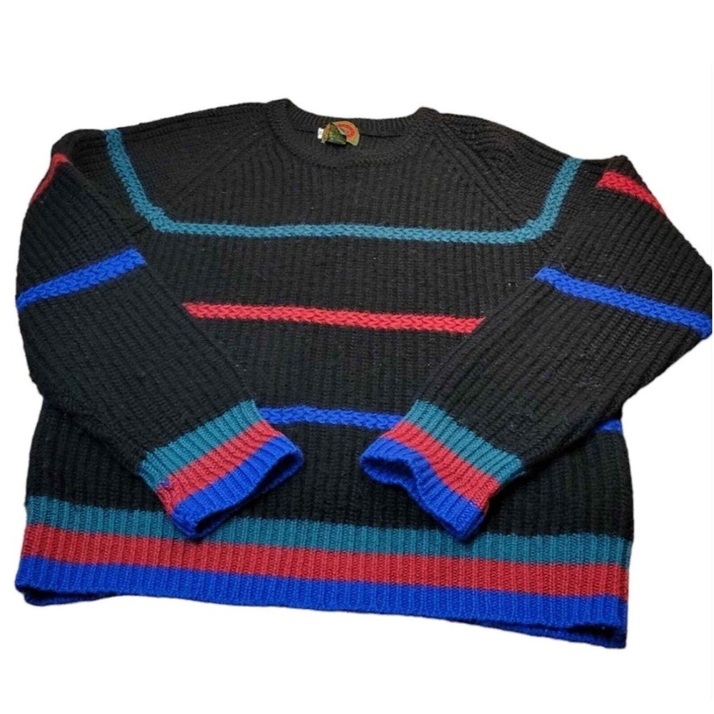 Boston Traders Vintage Wool Sweater Mens XL Black‎ Striped Shaker Knit Crewneck